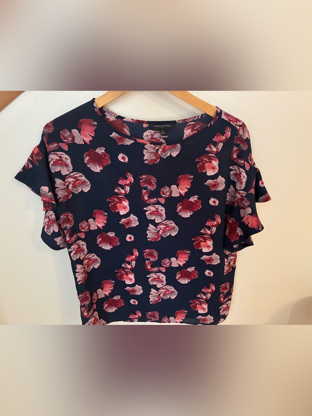 Floral Short Sleeve Top - Navy with Pink Flowers